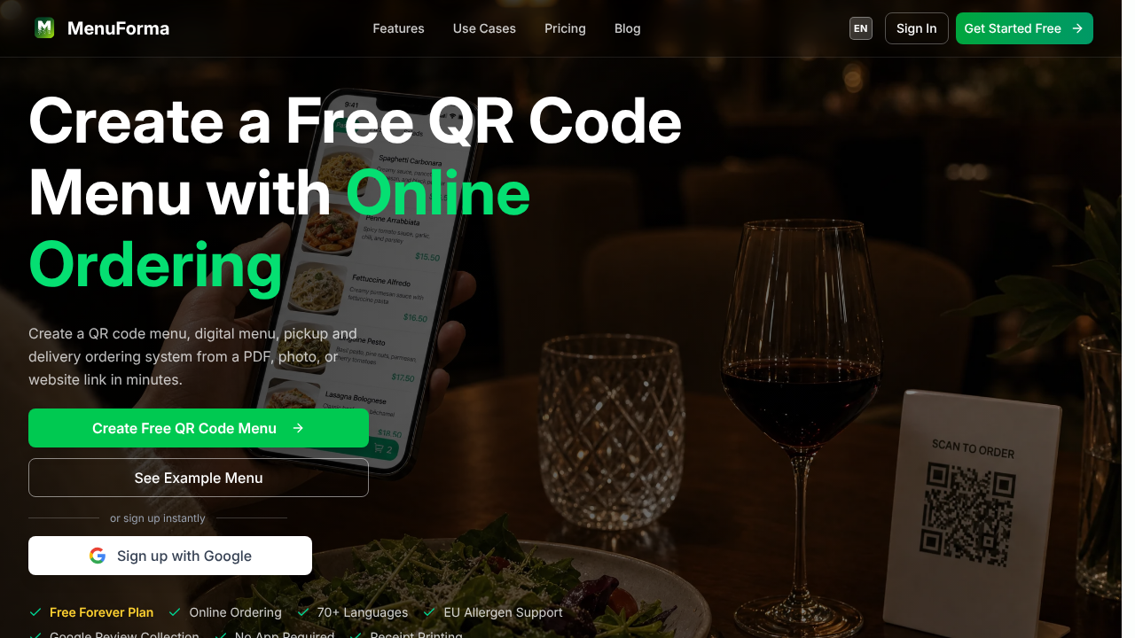 MenuForma website screenshot
