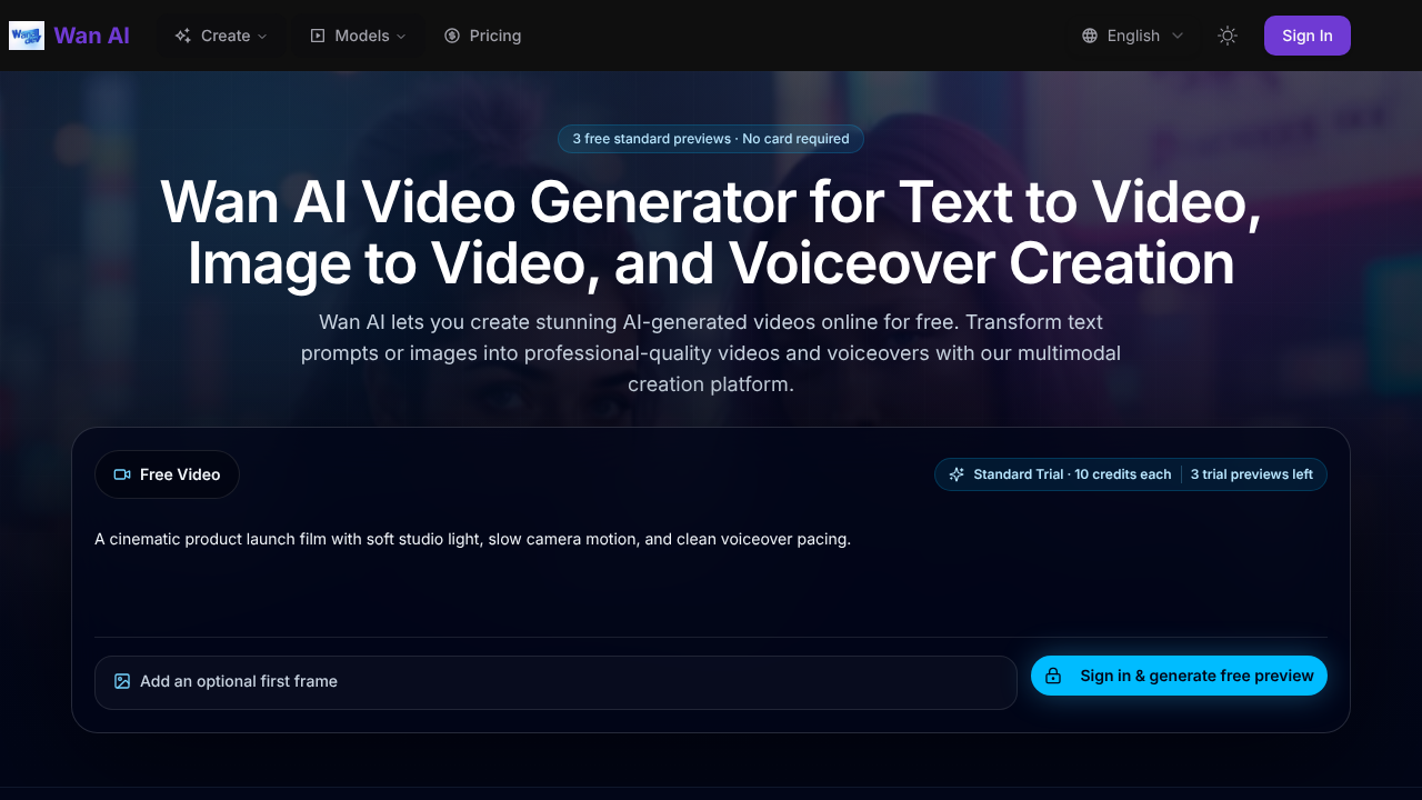 Wan AI Video Generator website screenshot