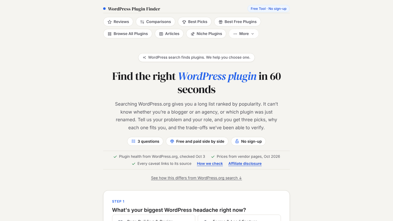 Find Right Plugin- WordPress Plugin Finder website screenshot