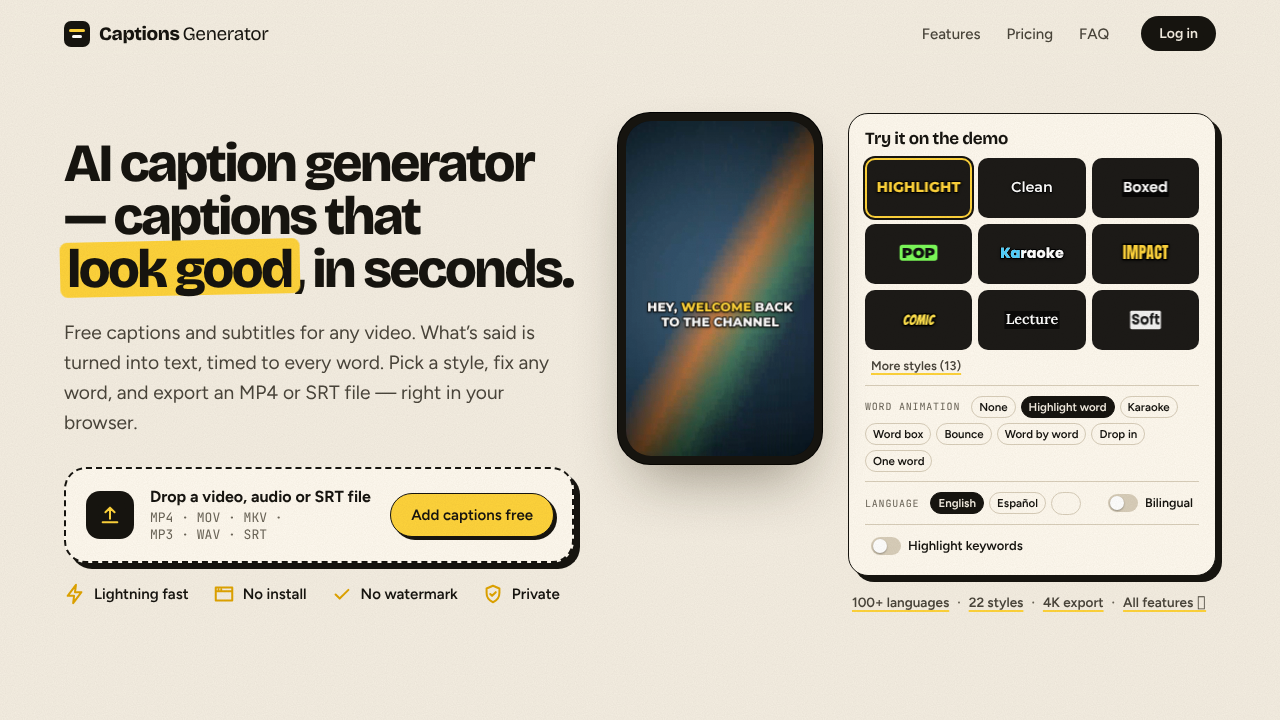 Captions Generator website screenshot
