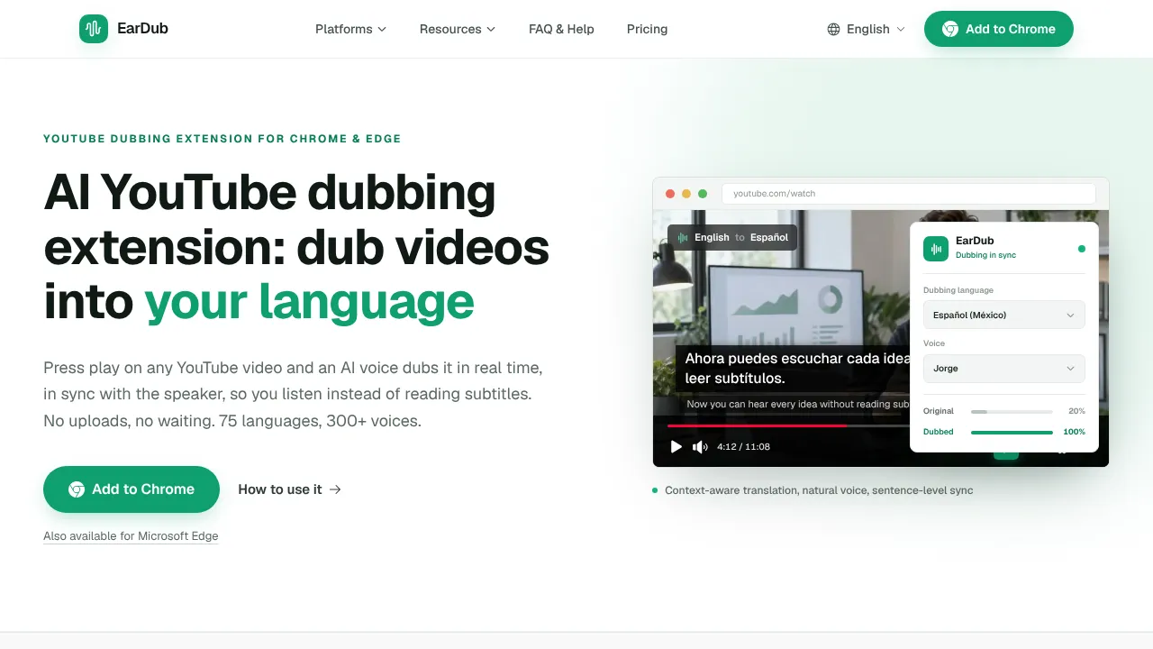 EarDub: YouTube Dubbing Extension website screenshot