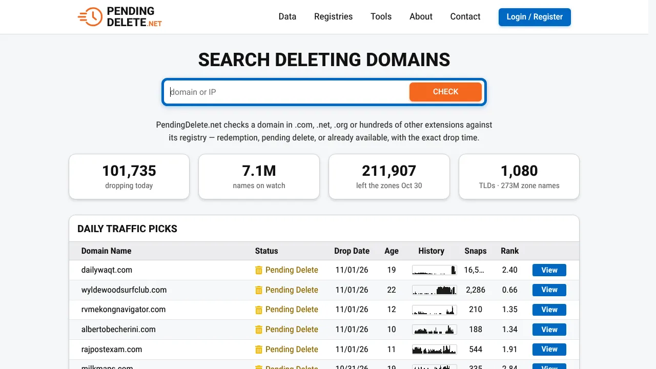 PendingDelete.net website screenshot