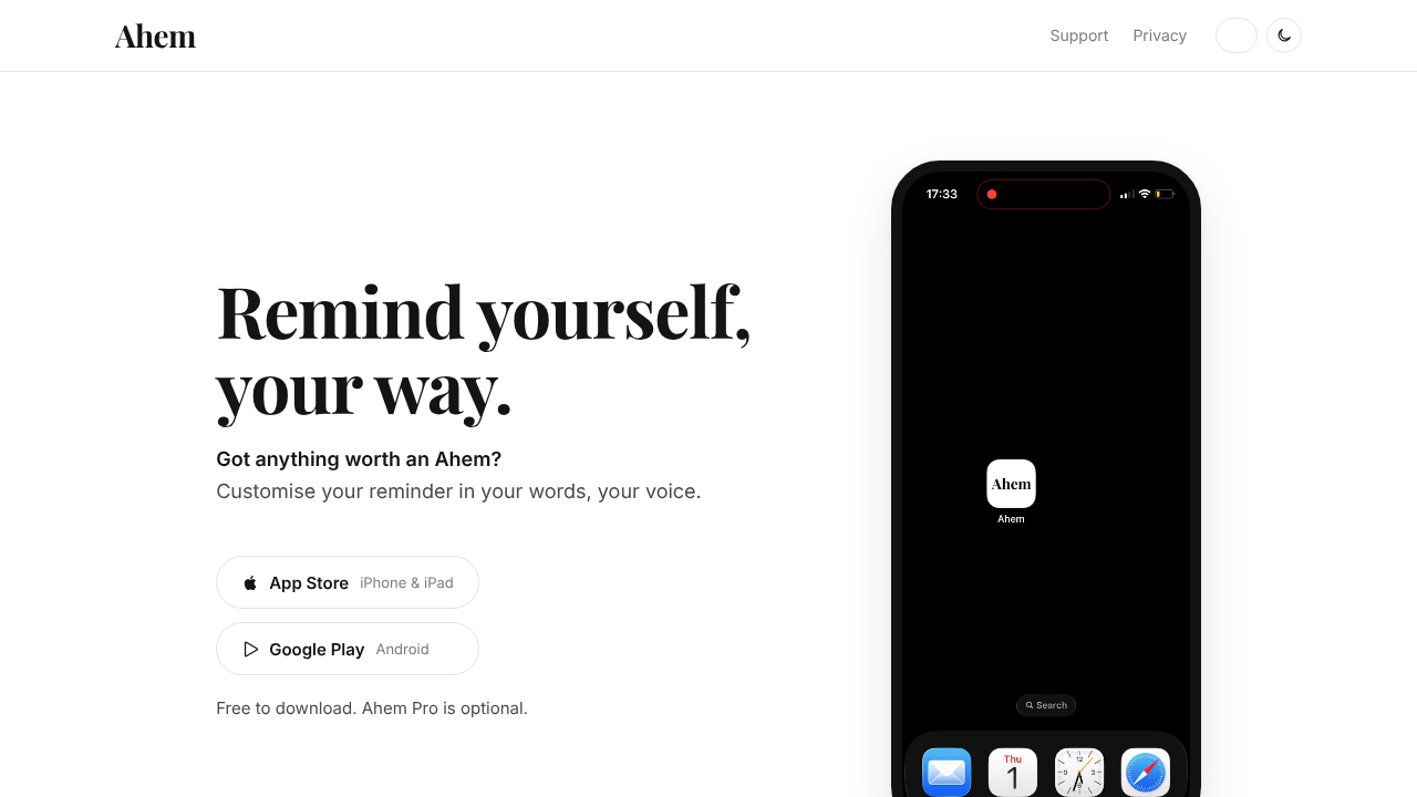 Ahem: Customise reminders website screenshot