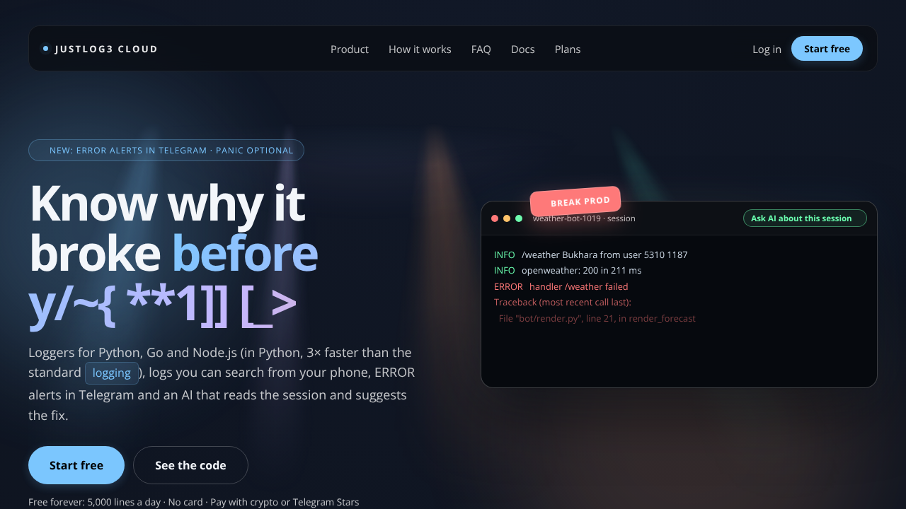 JustLog3 Cloud website screenshot