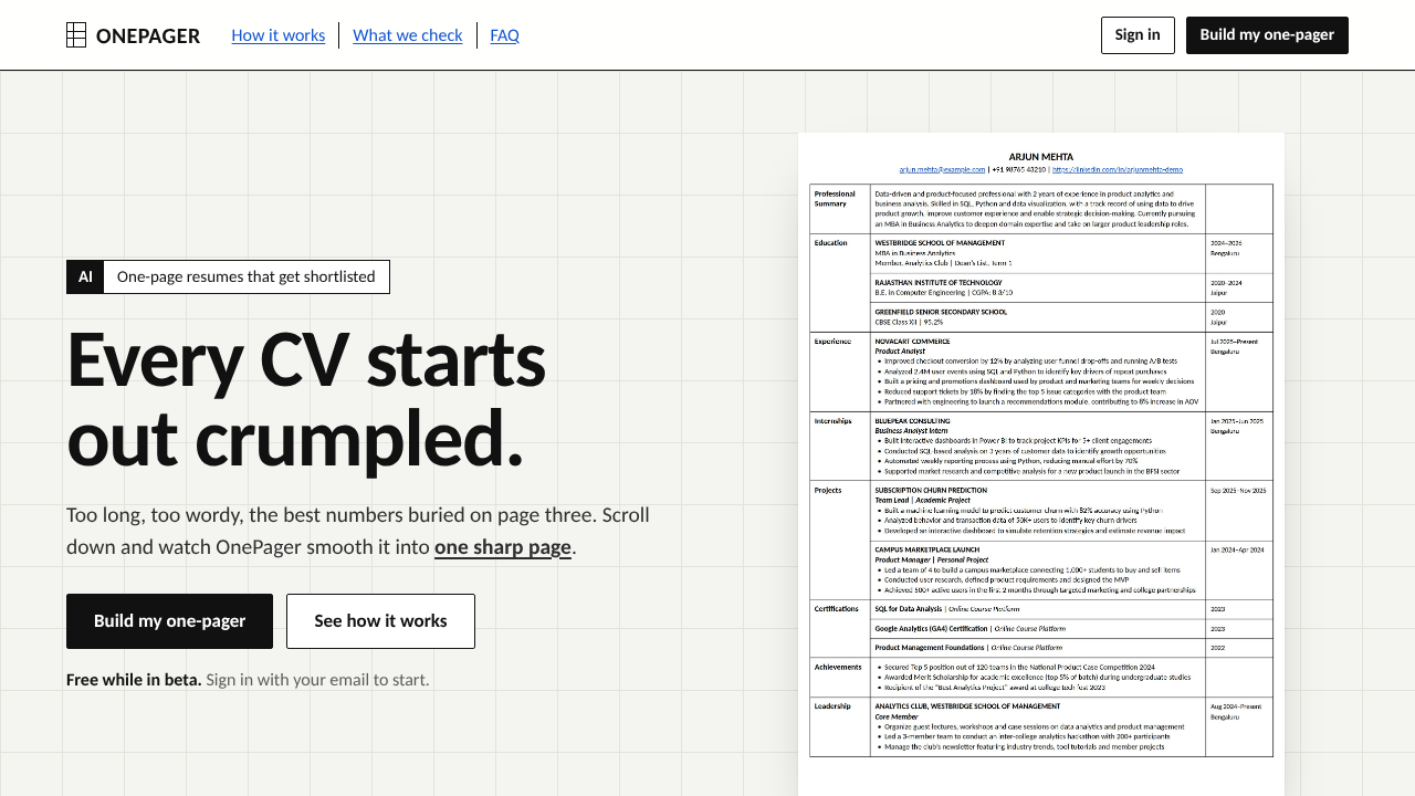 OnePager website screenshot