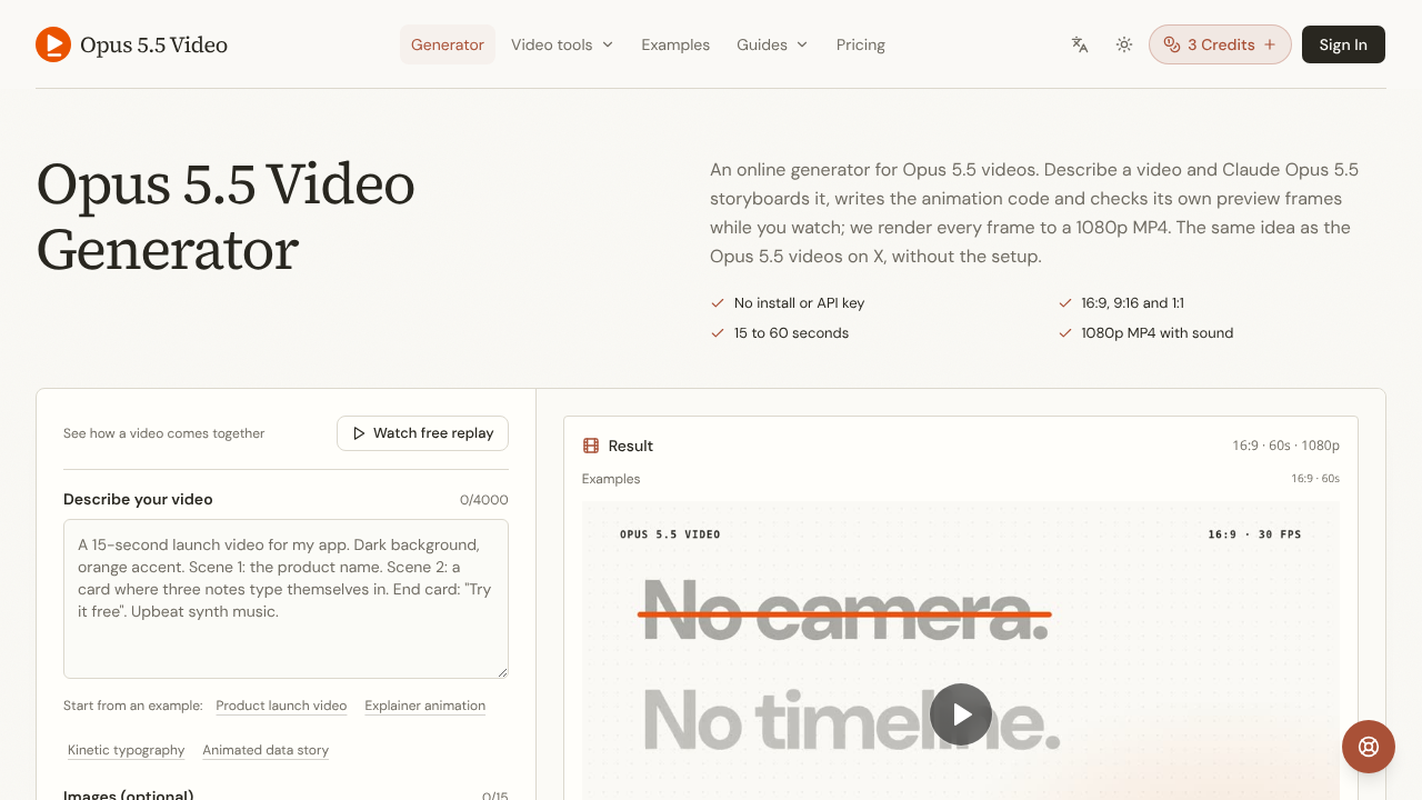 Opus 5.5 Video Generator website screenshot