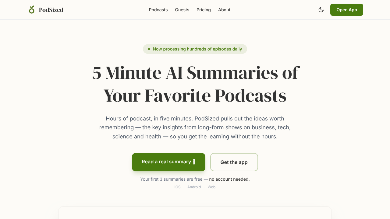 PodSized - Podcast Summaries website screenshot