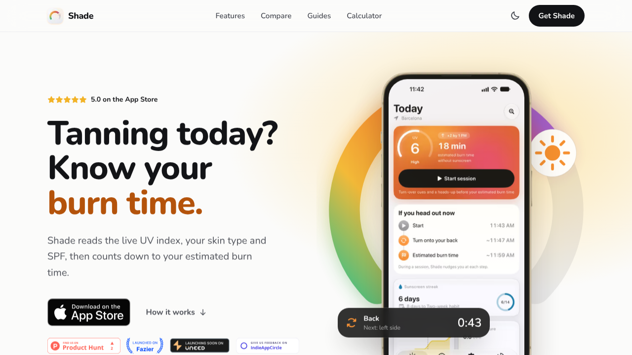 Shade: Tanning and Sun Timer website screenshot